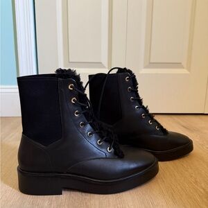 Stuart Weitzman Henley Chill leather combat boot with shearling trim